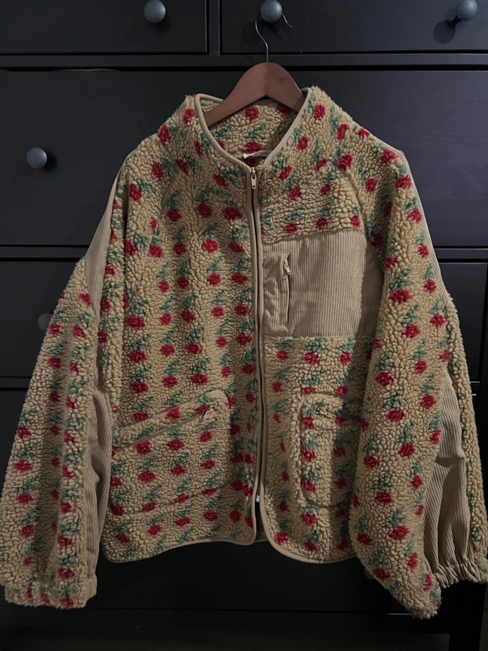 Cozy Beige Floral Fleece Zip Jacket